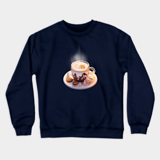 Cappuccino cup Winter Wonderland with wooden cabin surreal style Crewneck Sweatshirt